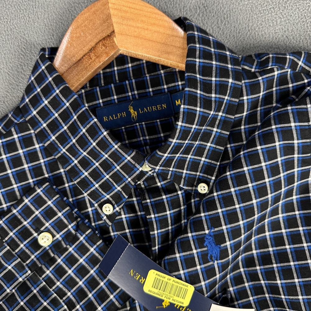 Ralph Lauren Shirt Mens Medium Blue Black Tattersall Prep Classic Pony Logo New